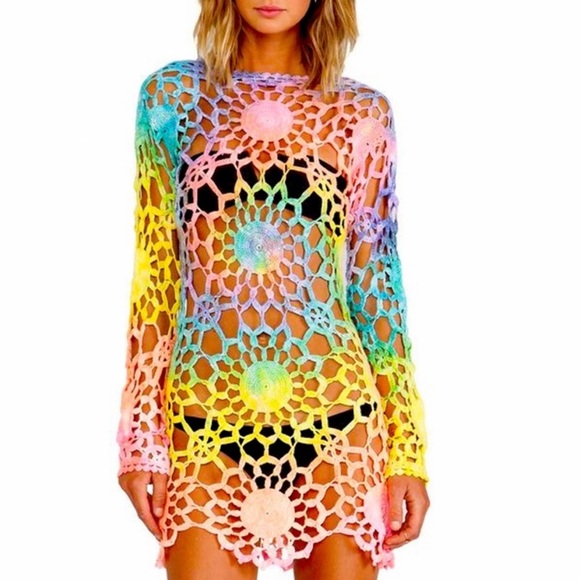 UNIF Dresses & Skirts - UNIF Multicolor Tie Dye Rainbow Crochet Astra Mini Dress Size S EUC